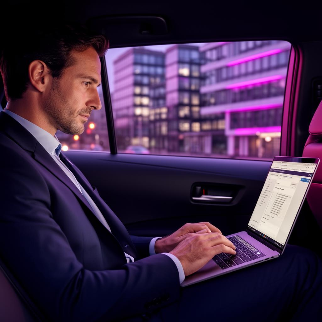 Business-Reisender arbeitet am Laptop auf der Rückbank des Chauffeurfahrzeugs – Business Chauffeur Heidelberg