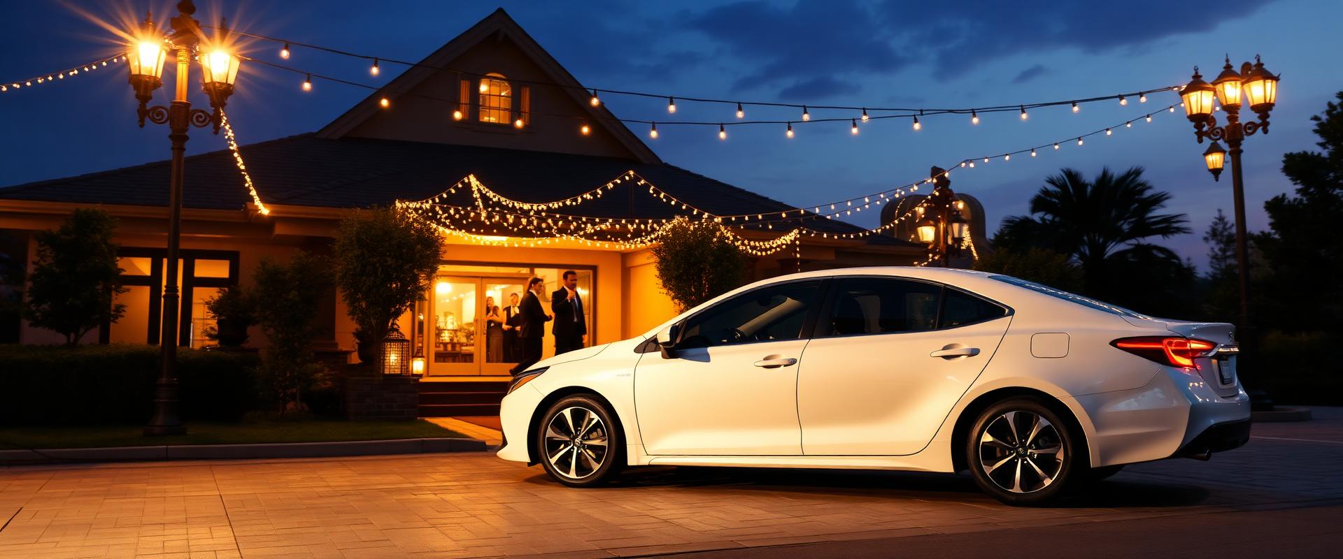 Event Shuttleservice Heidelberg – weißer Toyota Corolla Hybrid Kombi vor festlich beleuchteter Eventlocation am Abend