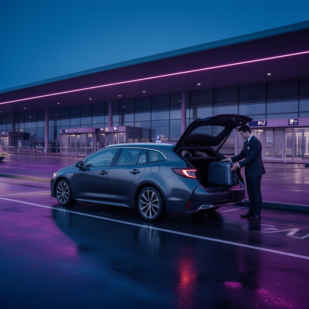 Premium Hybrid-Kombi für den Flughafentransfer Heidelberg am Terminal Frankfurt im Morgenlicht