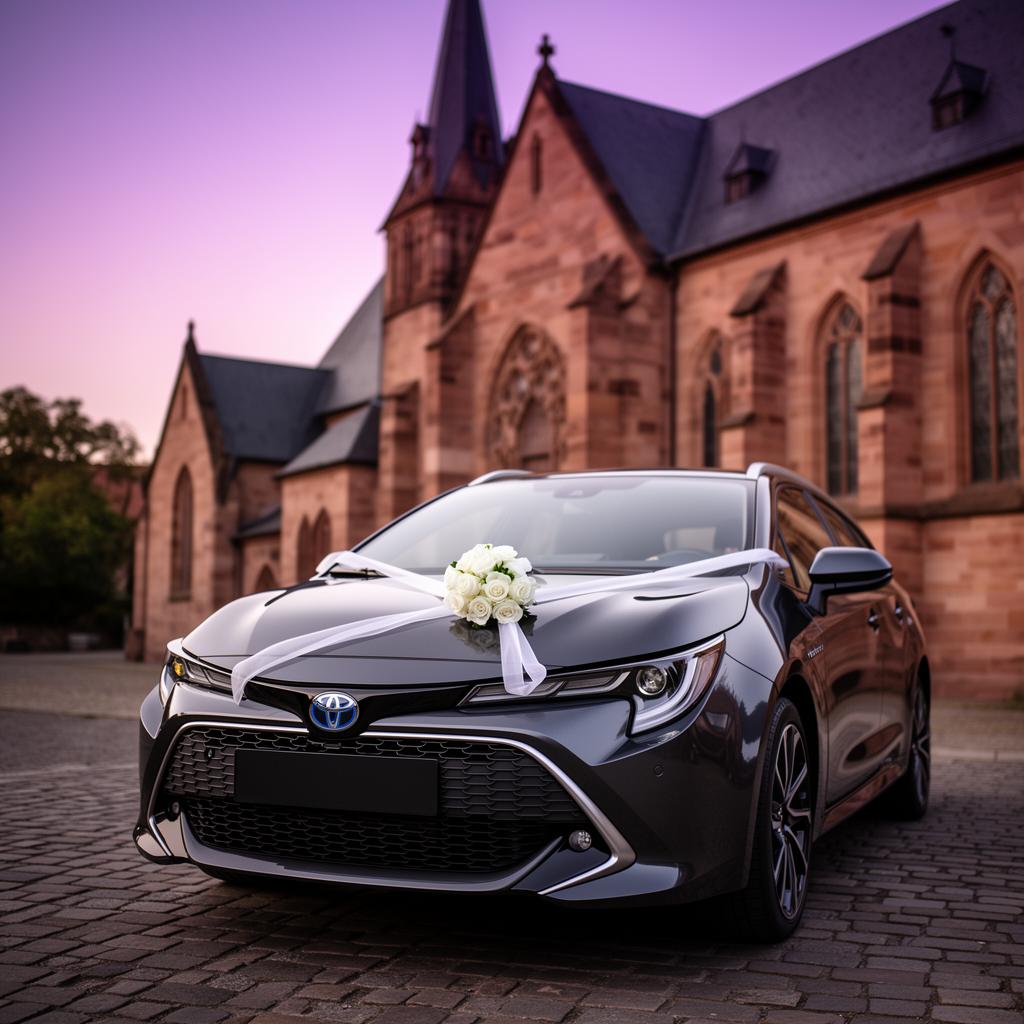 Elegantes mit weißer Schleife geschmücktes Hochzeitsauto vor historischer Kirche in Heidelberg – Brautauto Service