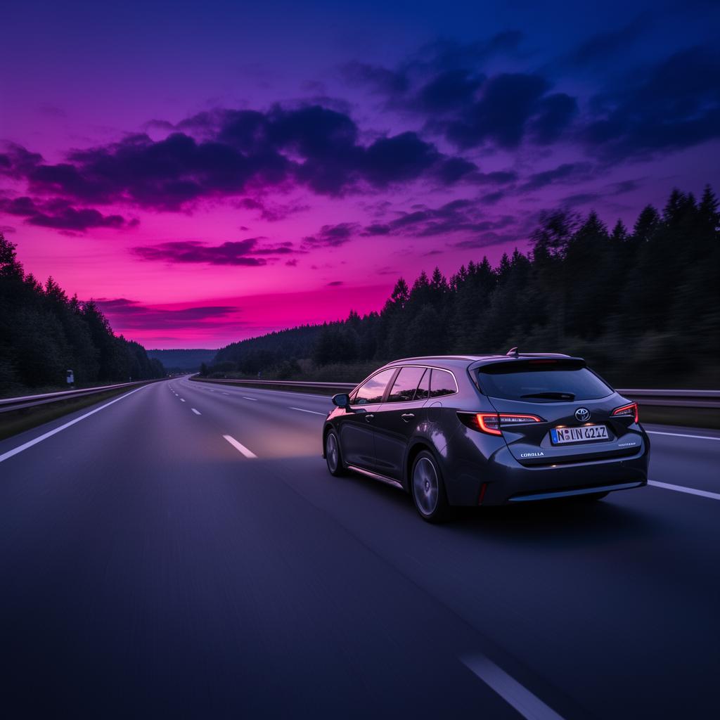 Premium Hybrid-Kombi auf der Autobahn bei Sonnenuntergang – Langstreckenfahrt ab Heidelberg deutschlandweit