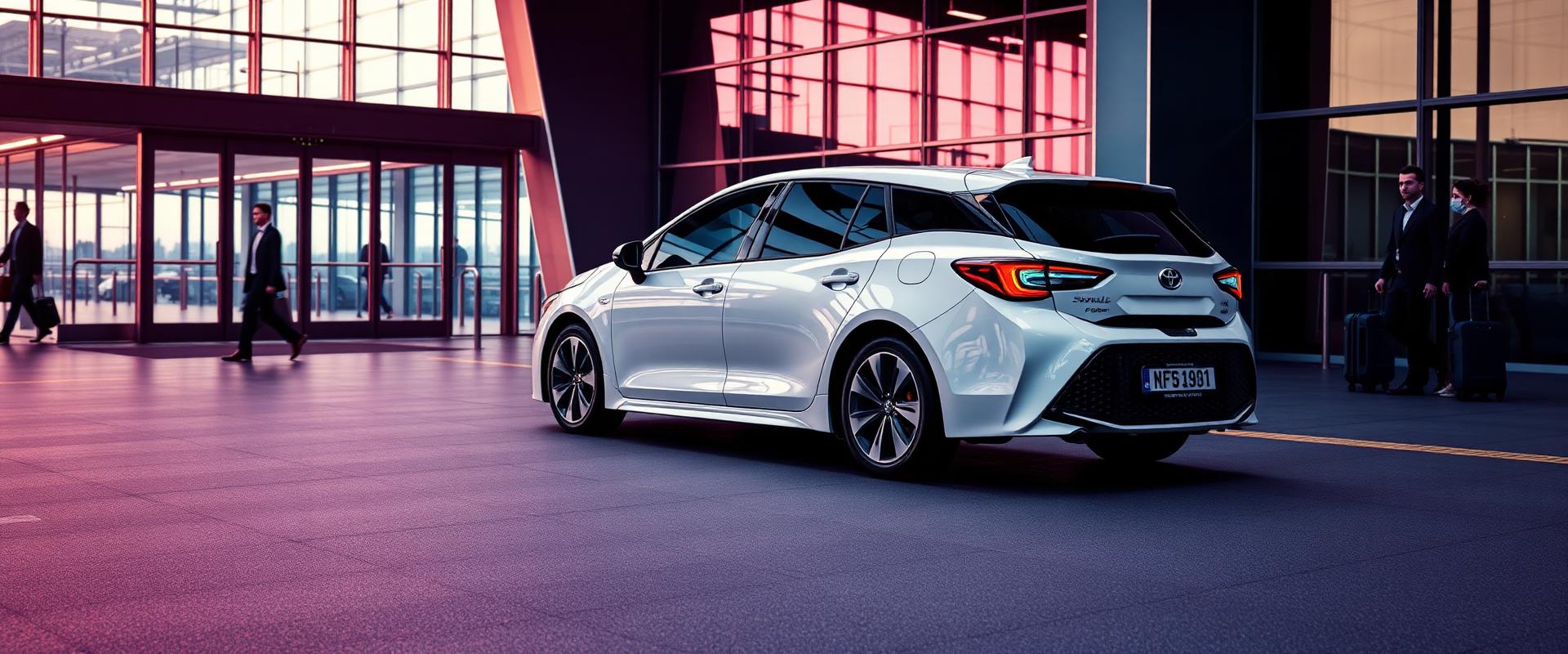 Transfer Flughafen Heidelberg – weißer Toyota Corolla Hybrid Kombi vor modernem Airport-Terminal bei goldenem Morgenlicht